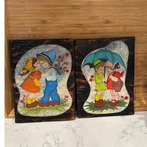 Pair of Vintage Wall Decor Hummel Children's umbrella and kissing scene on Wood